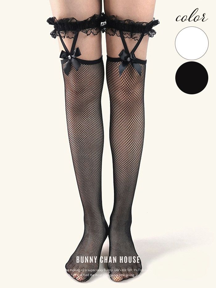 リボンレース付き網タイツ ニーハイストッキング [ブラック・ホワイト] vcsit-22015