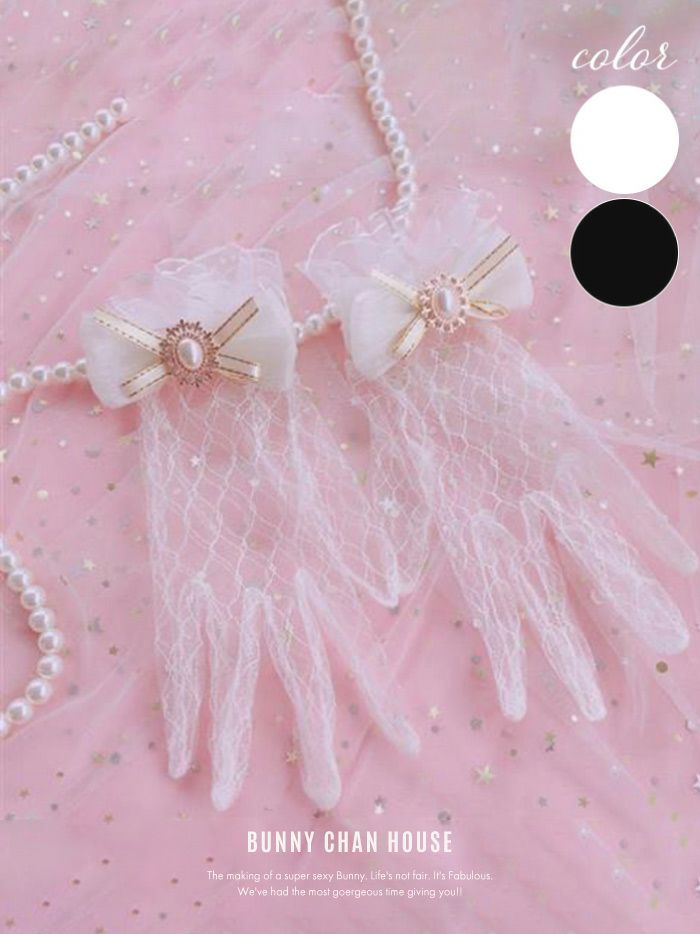 リボンブローチ付きレースグローブ [ホワイト・ブラック] vcsit-23351