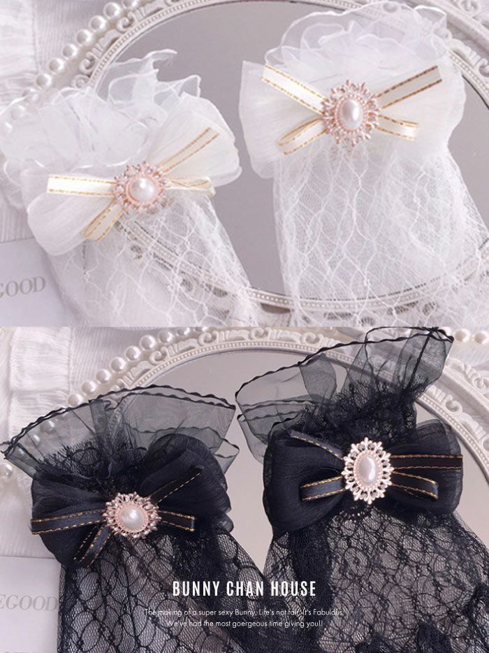 リボンブローチ付きレースグローブ [ホワイト・ブラック] vcsit-23351