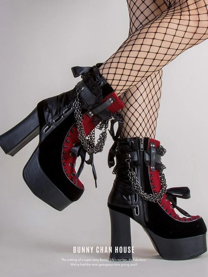 厚底ショート ブーツ ブラック・レッド vsh-23339