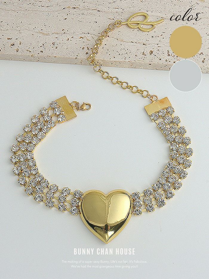 メタリックハート×ビジューチョーカーネックレス [ ゴールド/シルバー ] vcsit-25005