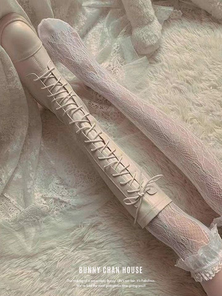 レース付きラッセルネット網タイツニーハイソックス ブラック・ホワイト vcsit-25062