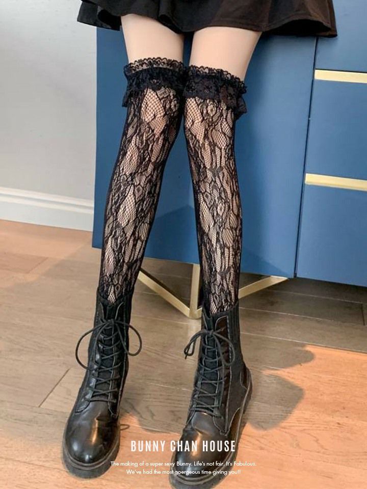 レース付きラッセルネット網タイツニーハイソックス ブラック・ホワイト vcsit-25062