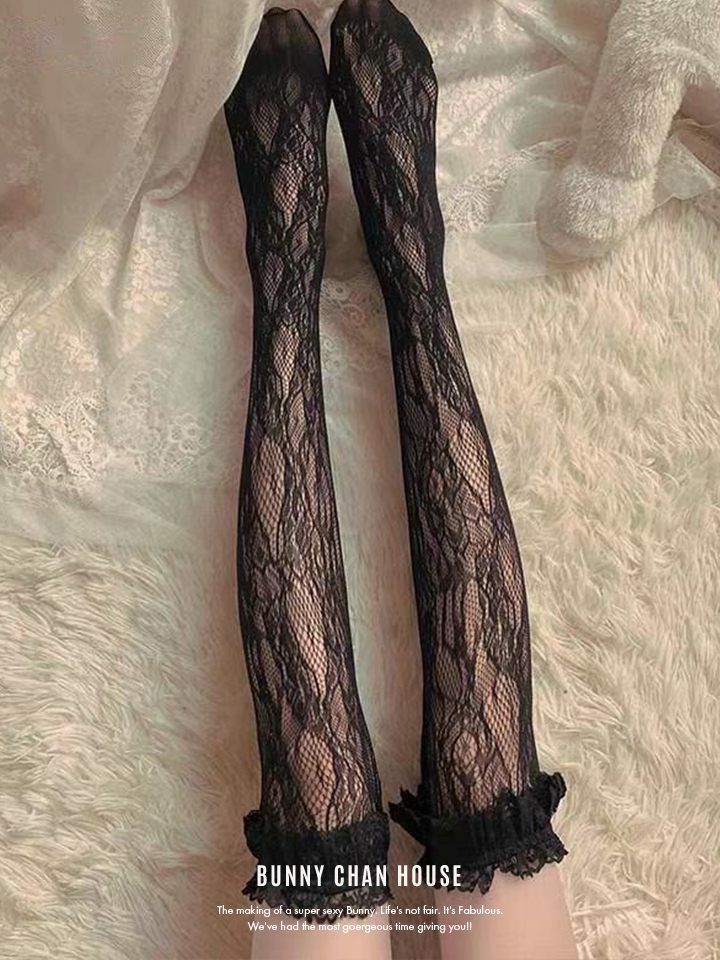 レース付きラッセルネット網タイツニーハイソックス ブラック・ホワイト vcsit-25062