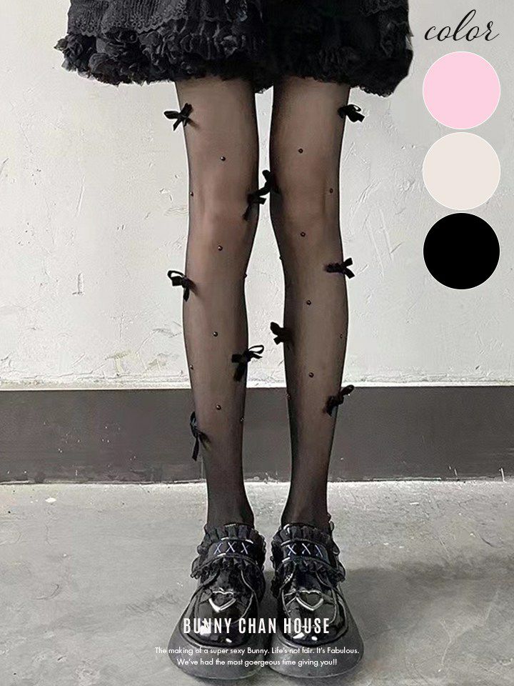 リボン付きバレエコアシアーストッキング ブラック・ホワイト・ピンク vcsit-25065