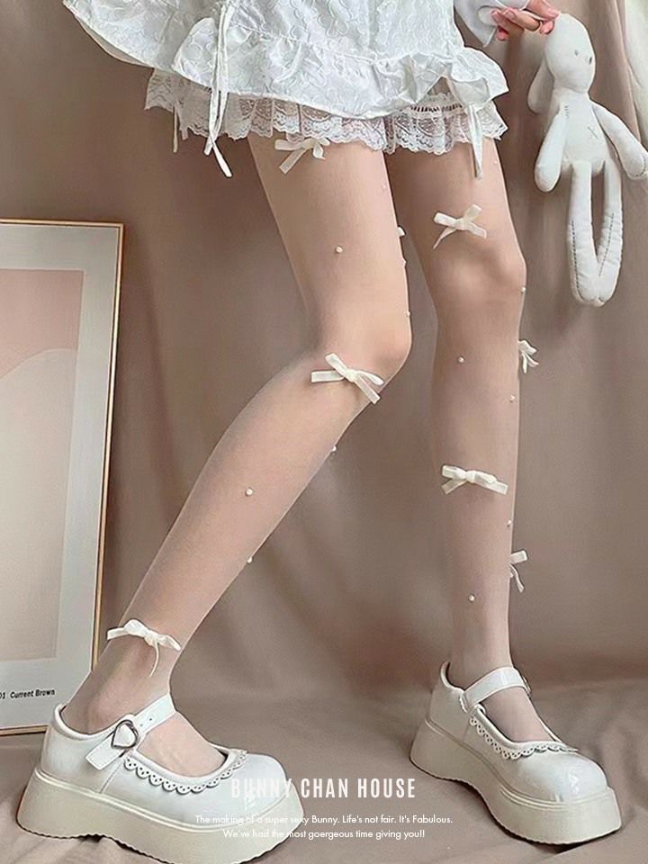 リボン付きバレエコアシアーストッキング ブラック・ホワイト・ピンク vcsit-25065