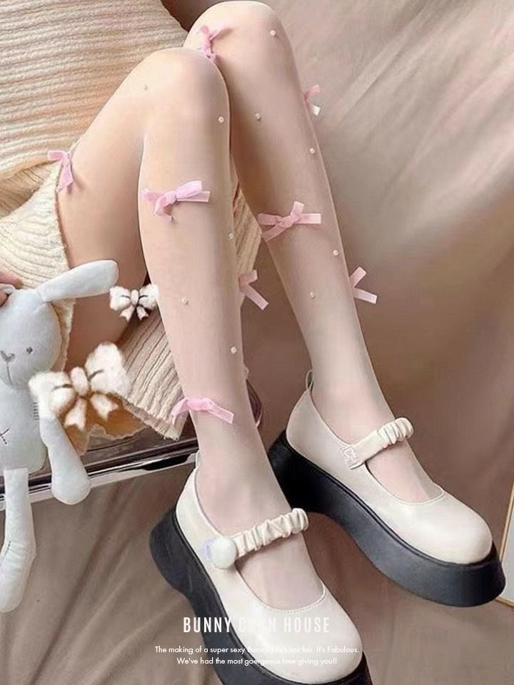 リボン付きバレエコアシアーストッキング ブラック・ホワイト・ピンク vcsit-25065