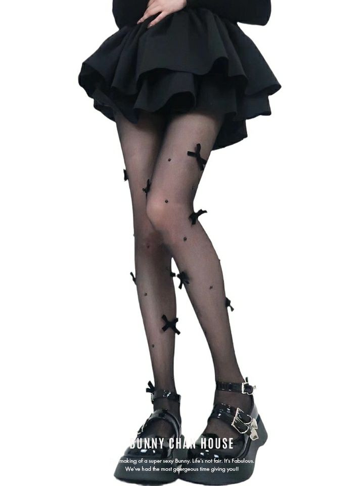 リボン付きバレエコアシアーストッキング ブラック・ホワイト・ピンク vcsit-25065