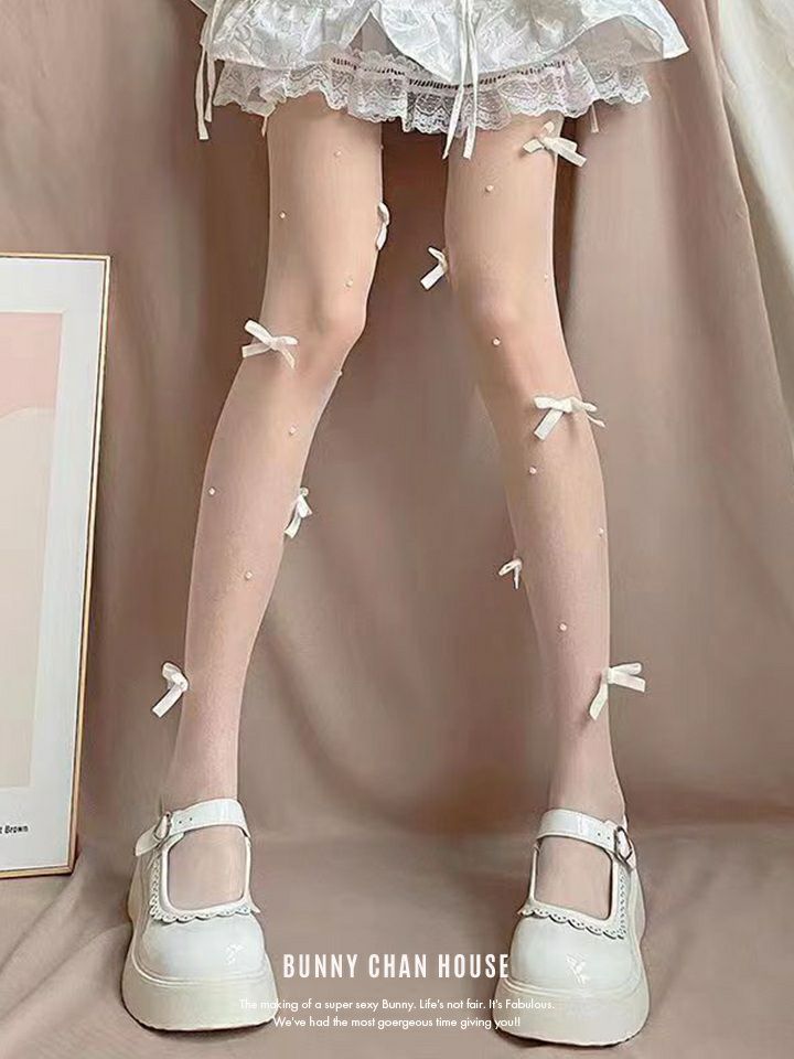 リボン付きバレエコアシアーストッキング ブラック・ホワイト・ピンク vcsit-25065