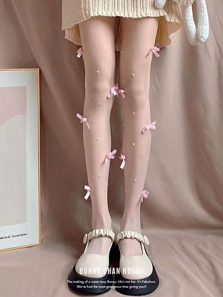 リボン付きバレエコアシアーストッキング ブラック・ホワイト・ピンク vcsit-25065