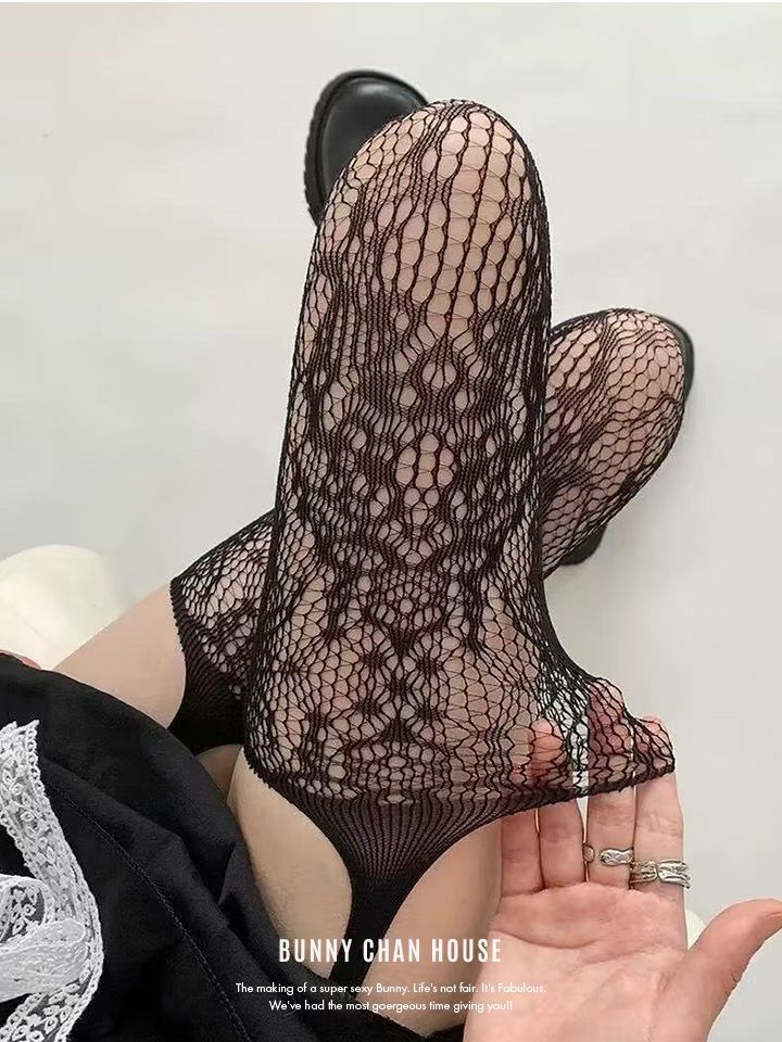 ラッセルネット網ガーターランジェリー風サスペンダーストッキング タイツ ブラック・ホワイト vcsit-25063