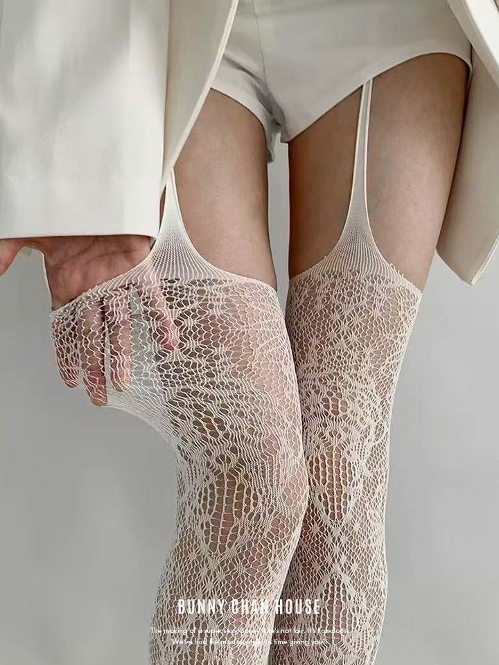 ラッセルネット網ガーターランジェリー風サスペンダーストッキング タイツ ブラック・ホワイト vcsit-25063