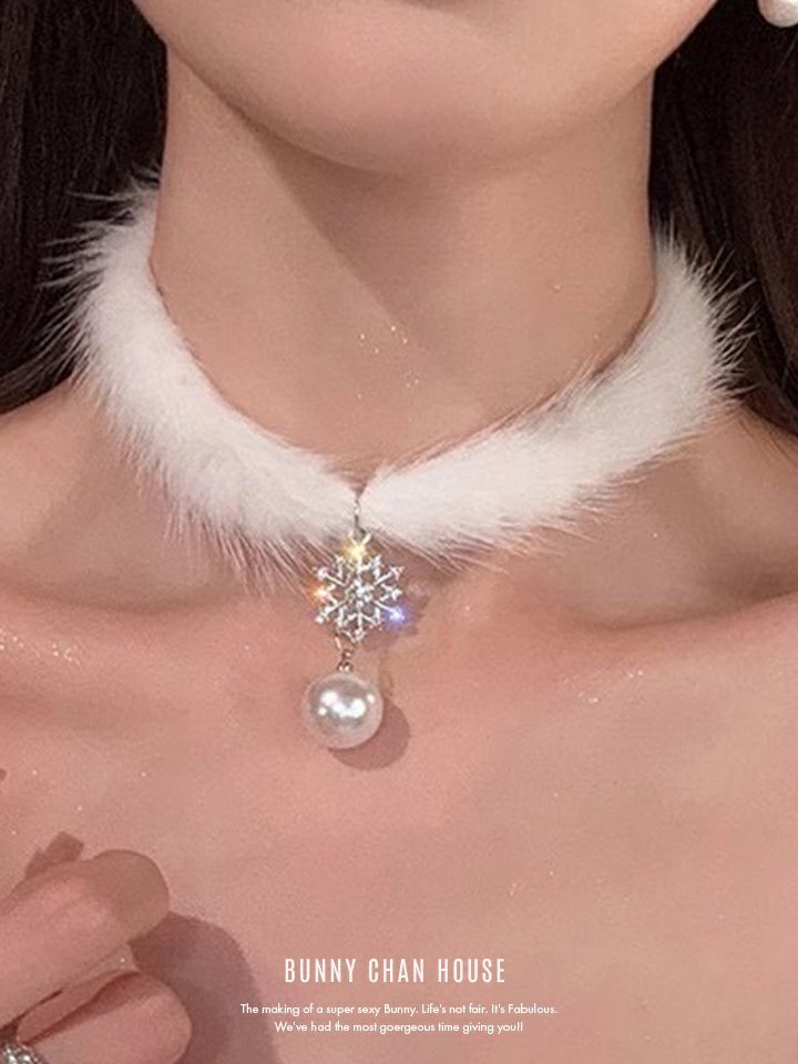 パール付きファーネックレス ホワイト vcsit-24106