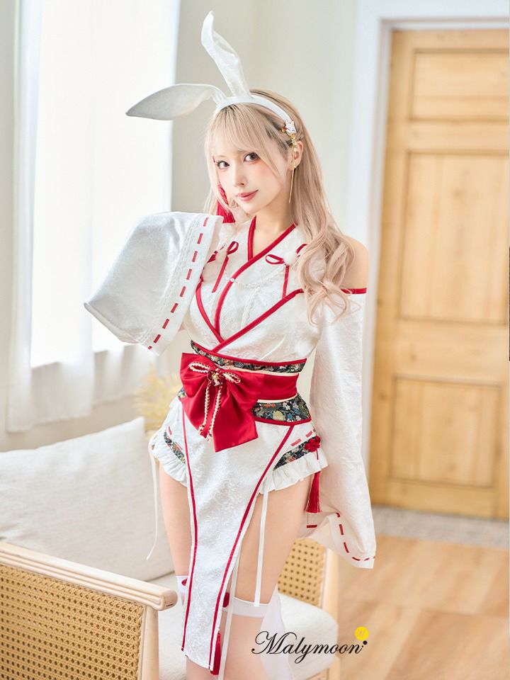 【9点セット】Malymoon マリームーン ロングスリット巫女バニー[ホワイト/ブラック] mlcs25176