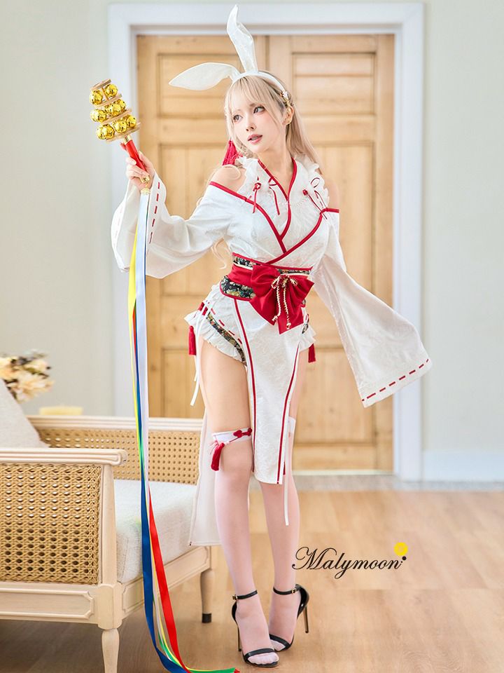 【9点セット】Malymoon マリームーン ロングスリット巫女バニー[ホワイト/ブラック] mlcs25176