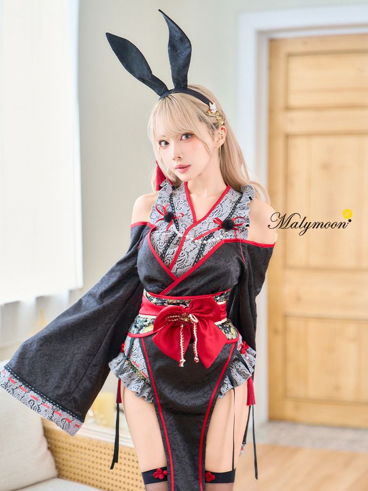 【9点セット】Malymoon マリームーン ロングスリット巫女バニー[ホワイト/ブラック] mlcs25176