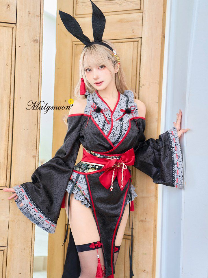 【9点セット】Malymoon マリームーン ロングスリット巫女バニー[ホワイト/ブラック] mlcs25176